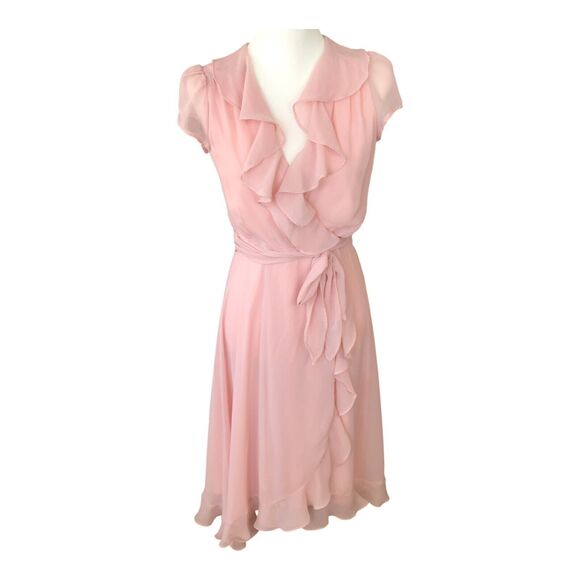 Maison Tara Women's Pink Romantic V-neck Ruffle Flowy Midi‎ Cocktail Dress S - Picture 1 of 13